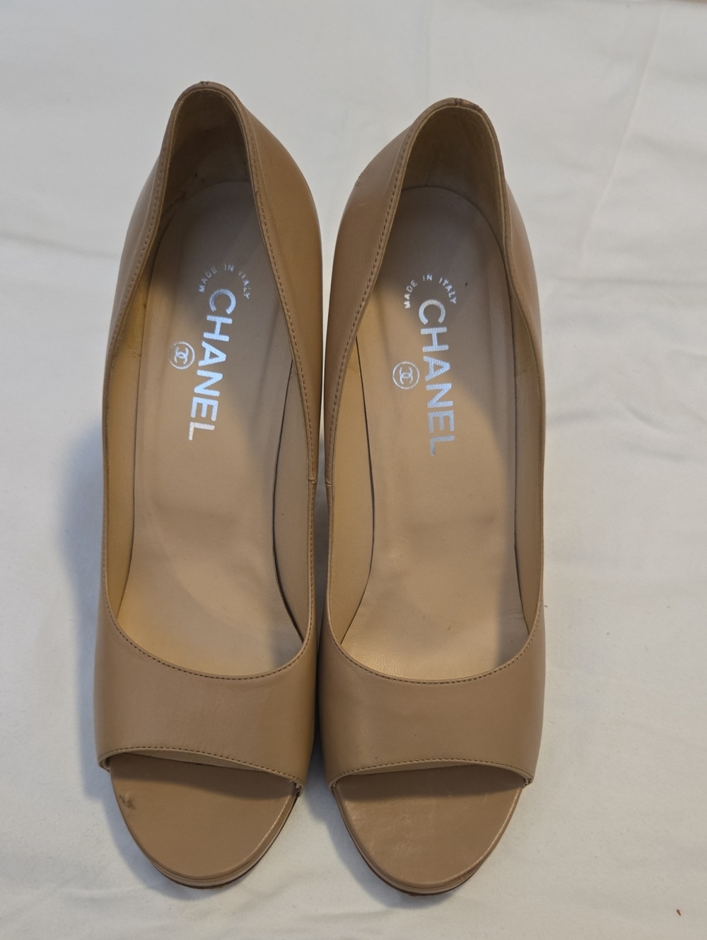 CHANEL Nude Leather Peep-Toe Pumps